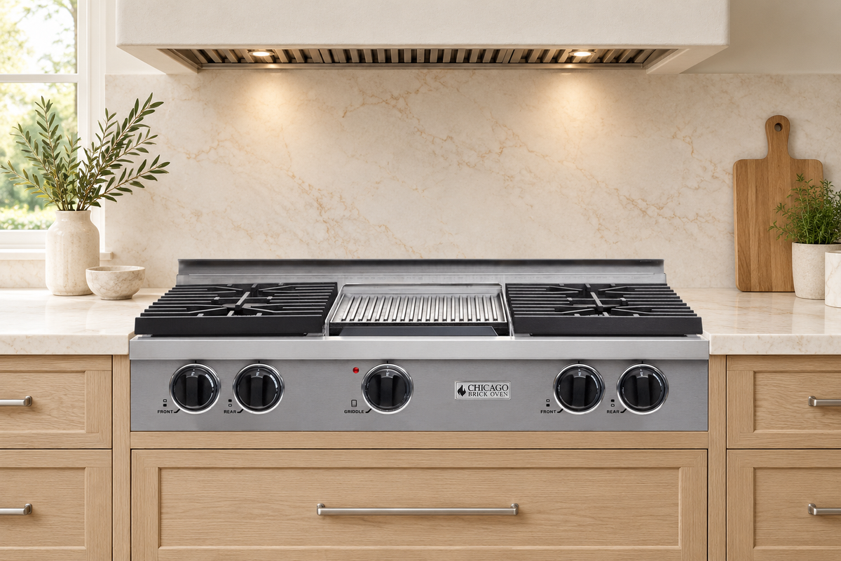 Stainless steel 36-inch rangetop with 4 sealed burners, griddle and silver trim installed above light oak drawers in a bright ivory kitchen