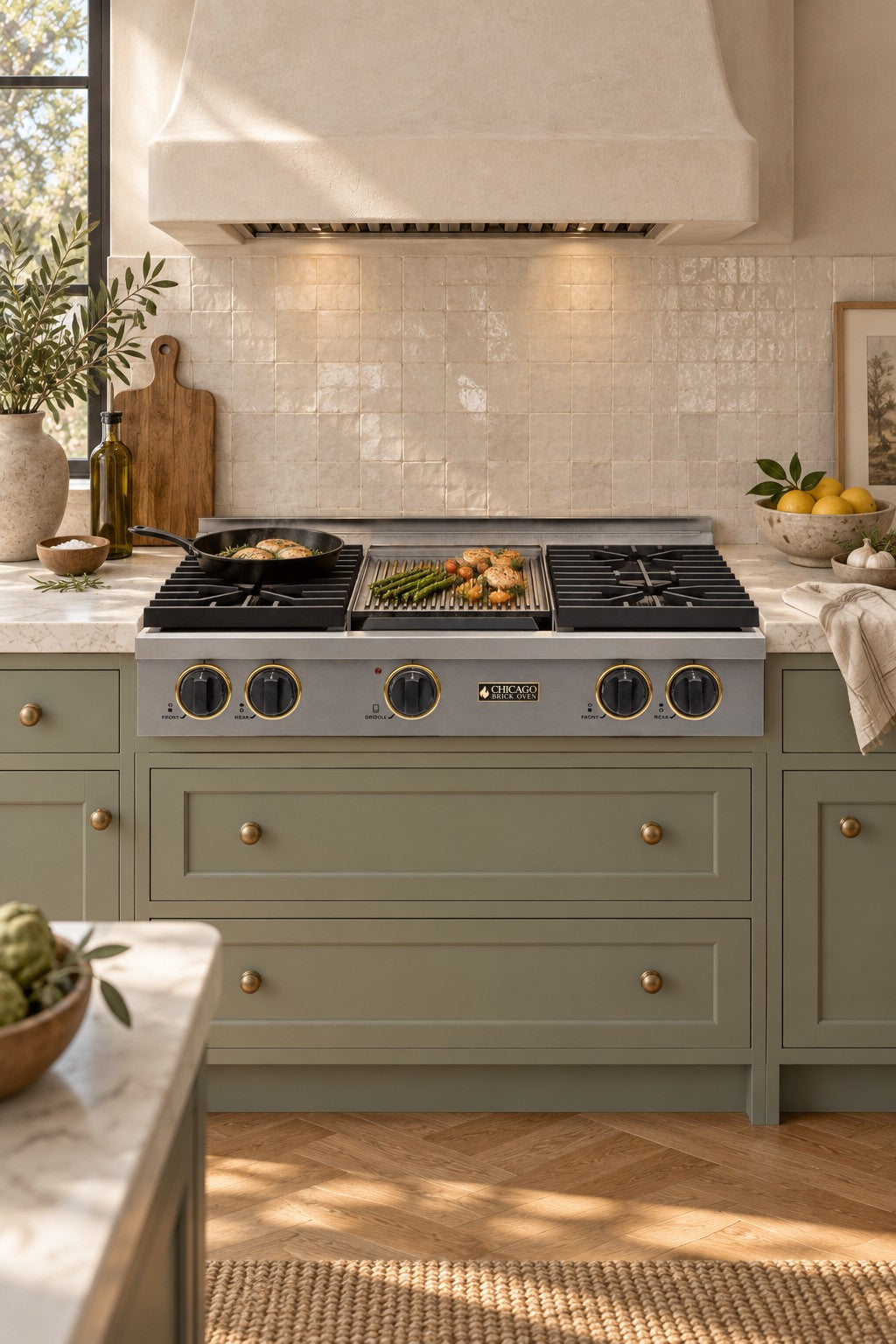 Sage green kitchen concept with the 36-inch rangetop with four sealed burners and a griddle in stainless steel with brass trim.