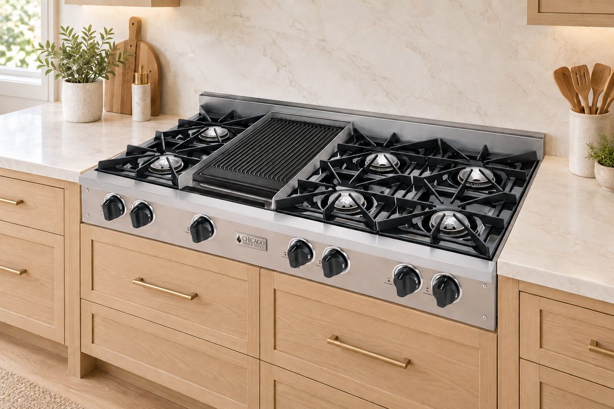 Stainless steel 48-inch rangetop with 6 open burners, griddle and silver trim installed above light oak drawers in a bright ivory kitchen