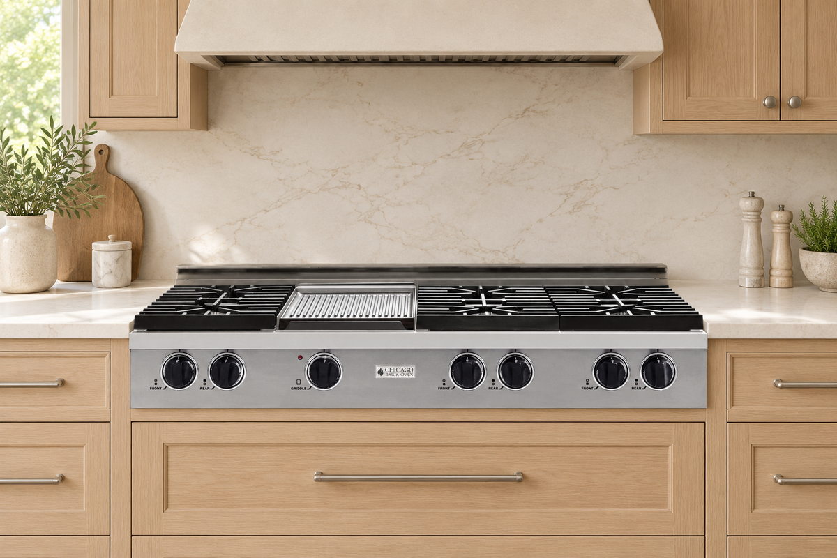 Stainless steel 48-inch rangetop with six sealed burners, left-center griddle and silver trim installed above light oak drawers in a bright ivory kitchen