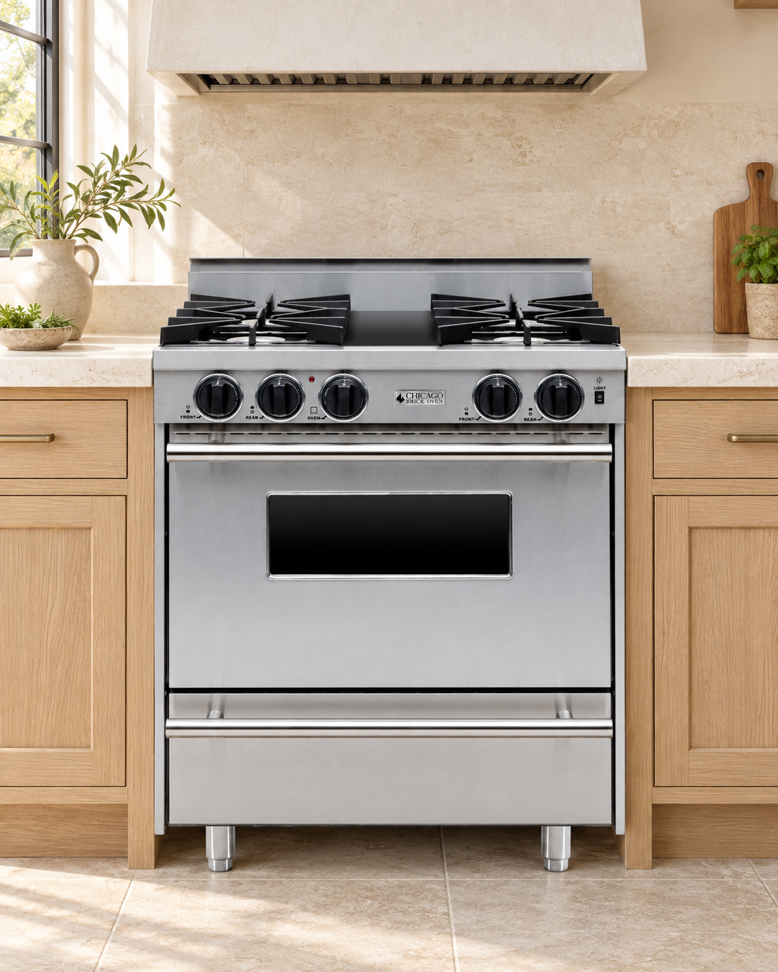 Kitchen concept featuring a stainless steel 30-inch CBO all-gas range with four open burners and a lower broiler handle.