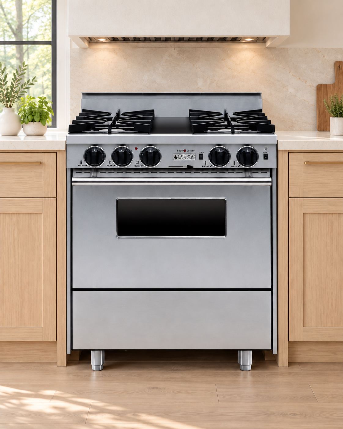 Kitchen concept featuring a stainless steel 30-inch CBO dual-fuel range with four open burners and a plain lower panel.