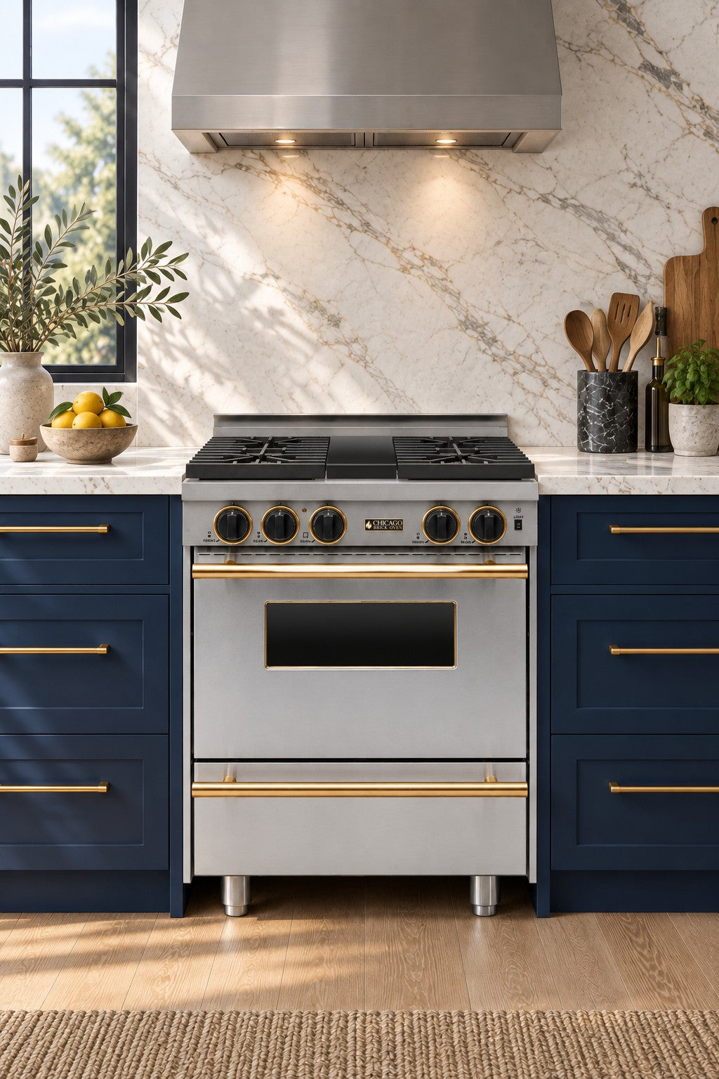 Navy blue kitchen concept with the 30-inch sealed-burner all-gas convection range in stainless steel with brass trim.