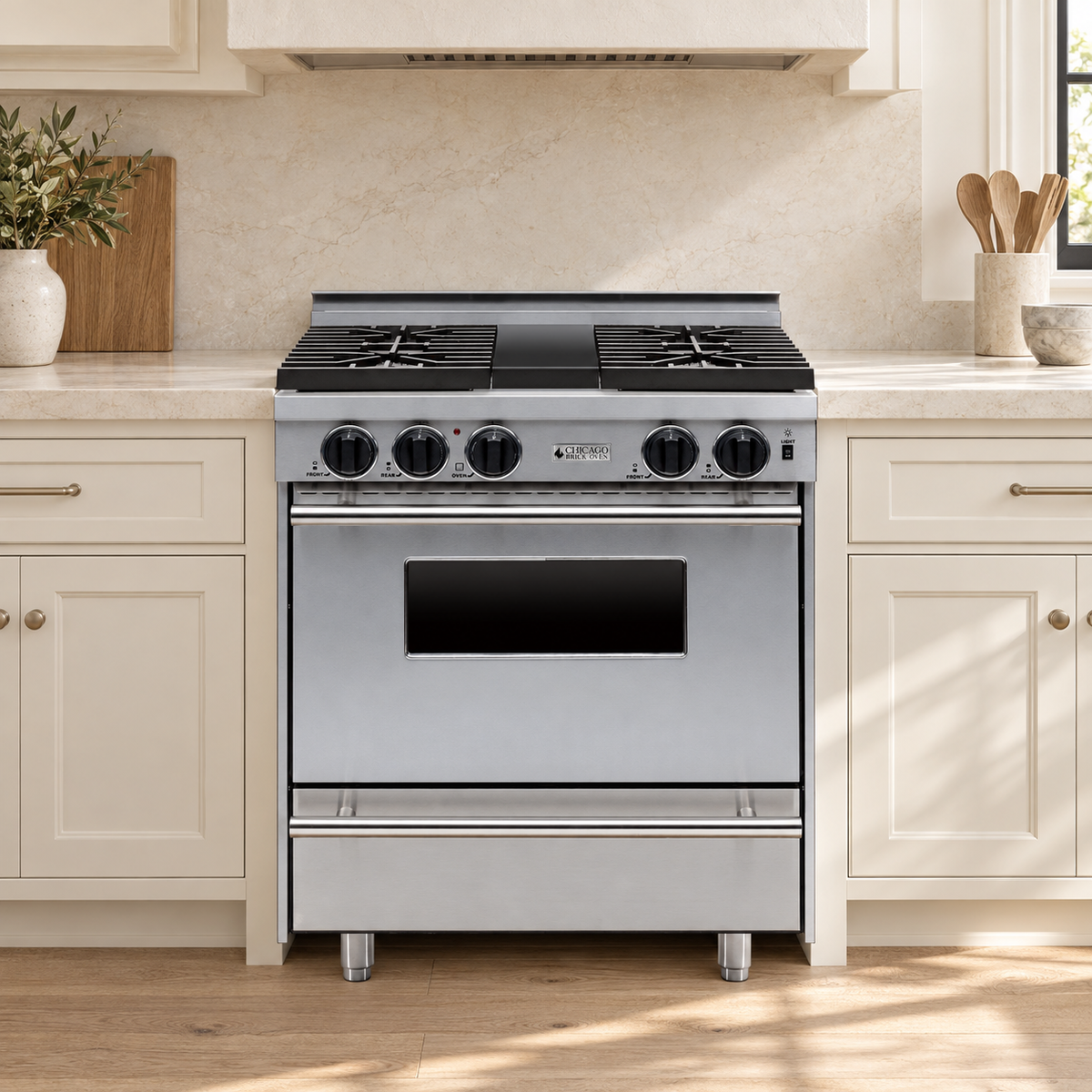 Sunlit ivory kitchen concept with the 30-inch stainless steel sealed-burner range and silver trim.