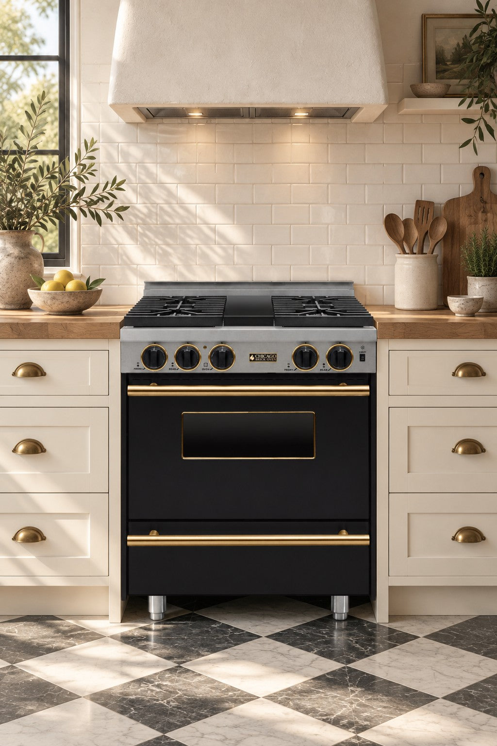 Cream kitchen concept with the 30-inch sealed-burner all-gas convection range in black with brass trim.
