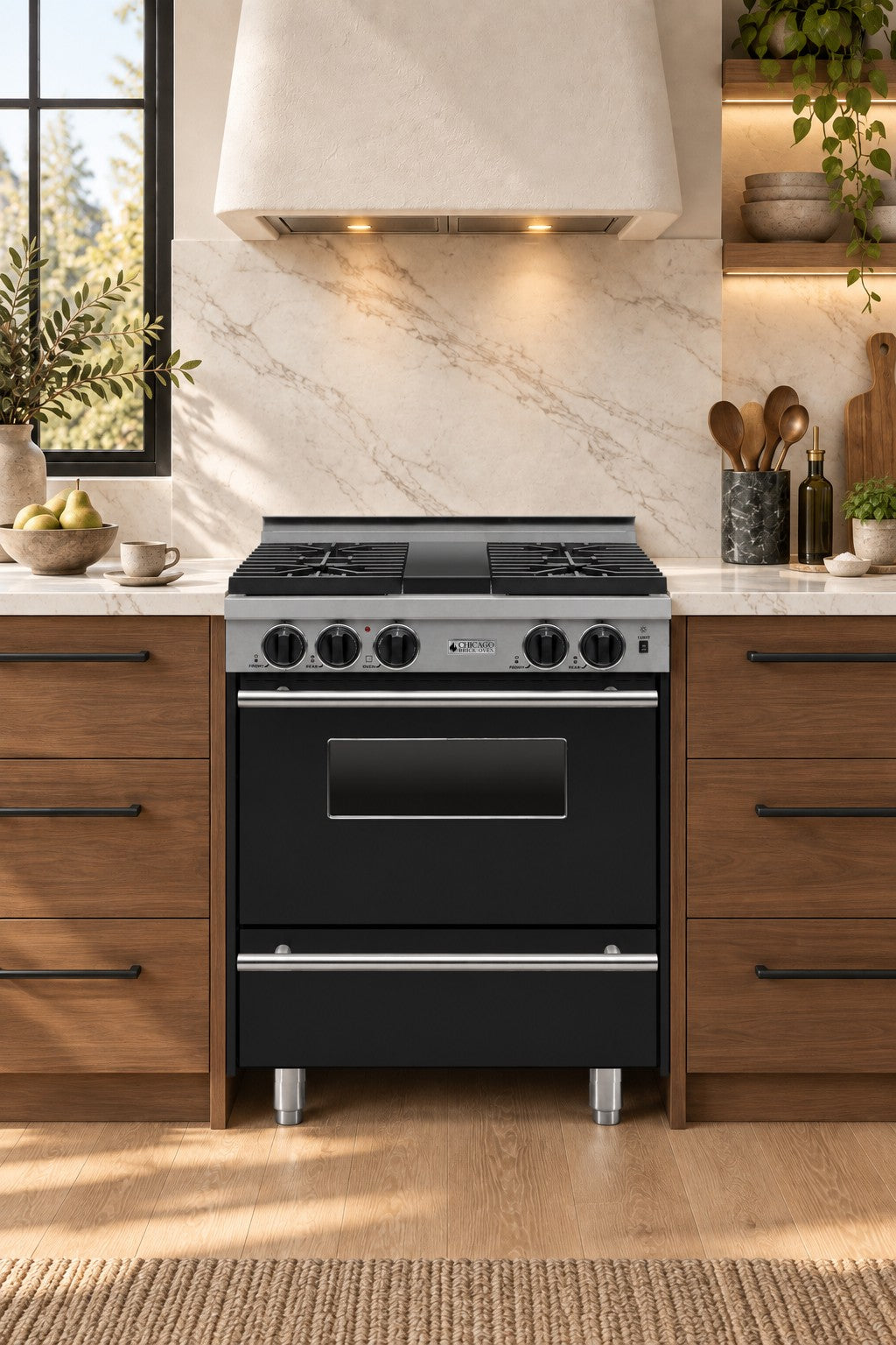 Light oak kitchen concept with the 30-inch sealed-burner all-gas convection range in black with silver trim.