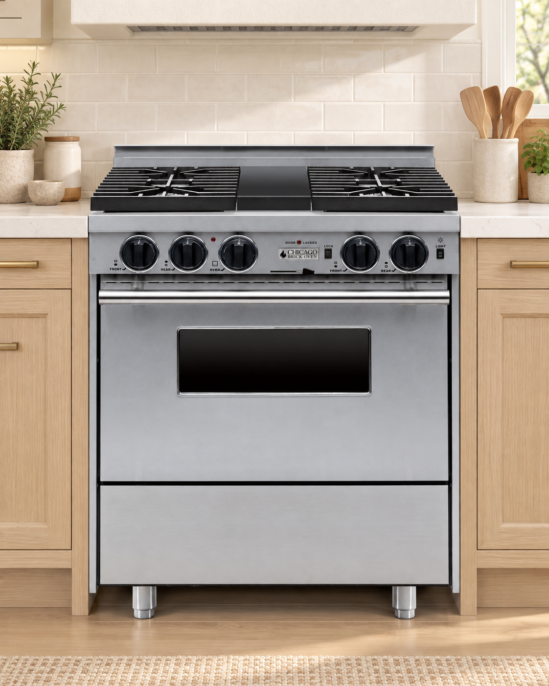 Kitchen concept featuring a stainless steel 30-inch CBO dual-fuel range with four sealed burners and a plain lower panel.