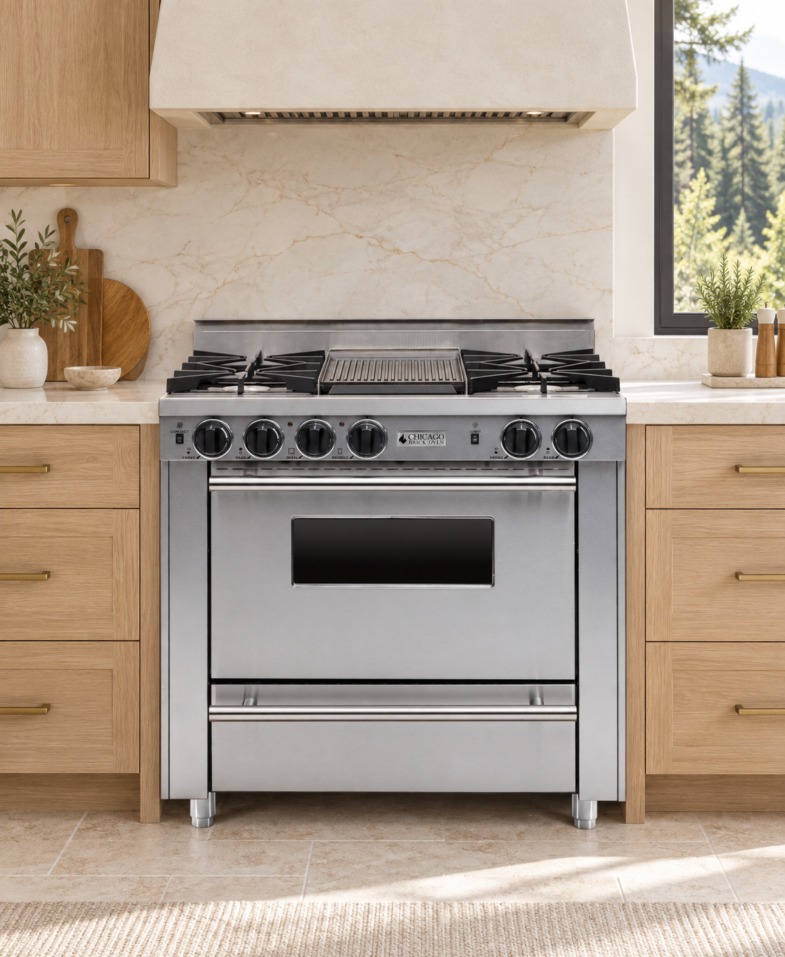 36-inch open-burner all-gas range with four burners, center griddle and stainless steel silver trim in a light oak cabin kitchen concept.