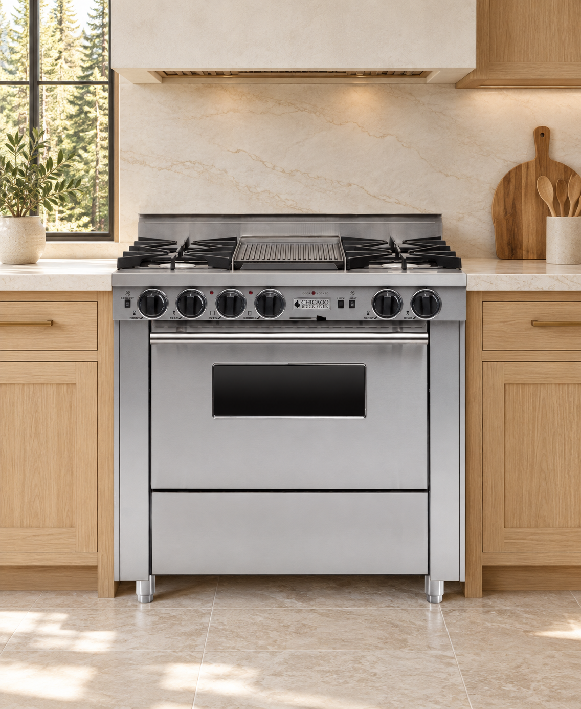 36-inch open-burner dual-fuel range with four burners, center griddle and stainless steel silver trim in a bright modern cabin kitchen concept.