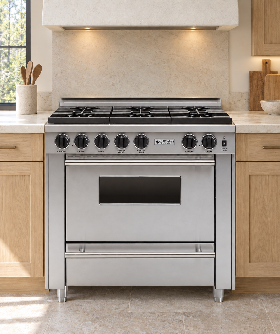 Kitchen concept showing the 36-inch six-burner all-gas range with stainless steel silver trim and seven controls matched to the manufacturer diagram.