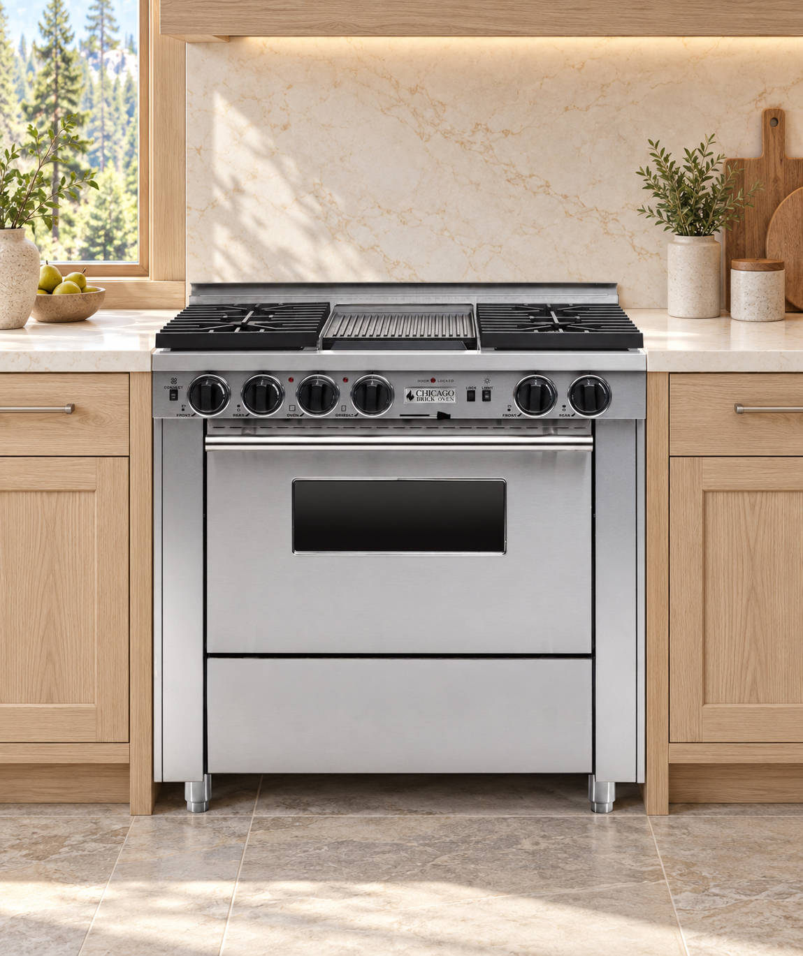 36-inch sealed-burner dual-fuel range with four burners, center griddle and stainless steel silver trim in a bright oak kitchen concept.