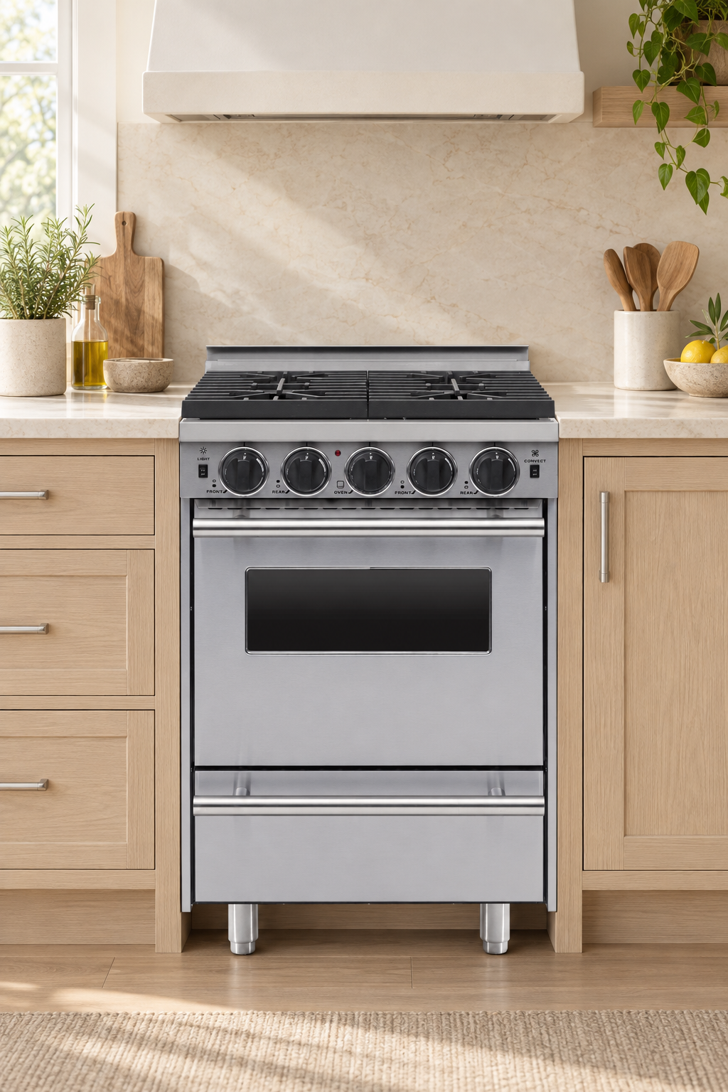 Stainless steel 24-inch 492 series range with Regular silver trim in a bright ivory and oak kitchen inspiration scene