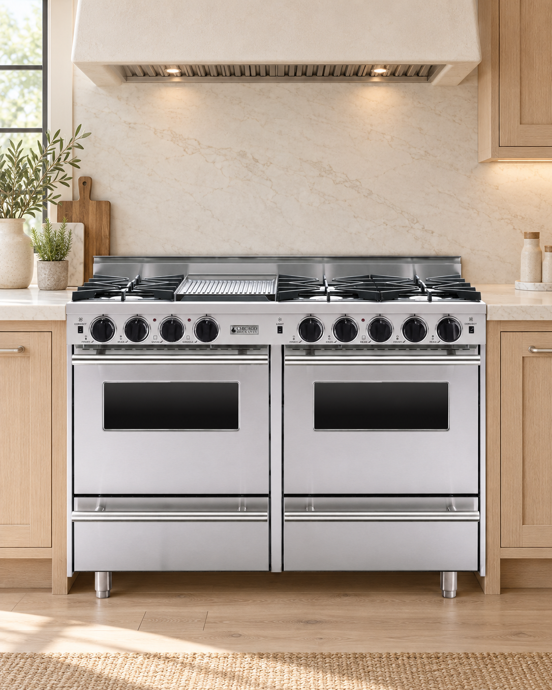 Stainless steel 48-inch 511 series range with Regular silver trim in a bright ivory and oak kitchen inspiration scene