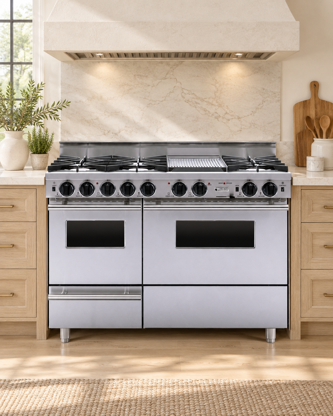 Kitchen concept featuring a stainless steel 48-inch CBO dual-fuel range with six open burners, a griddle and unequal oven doors.
