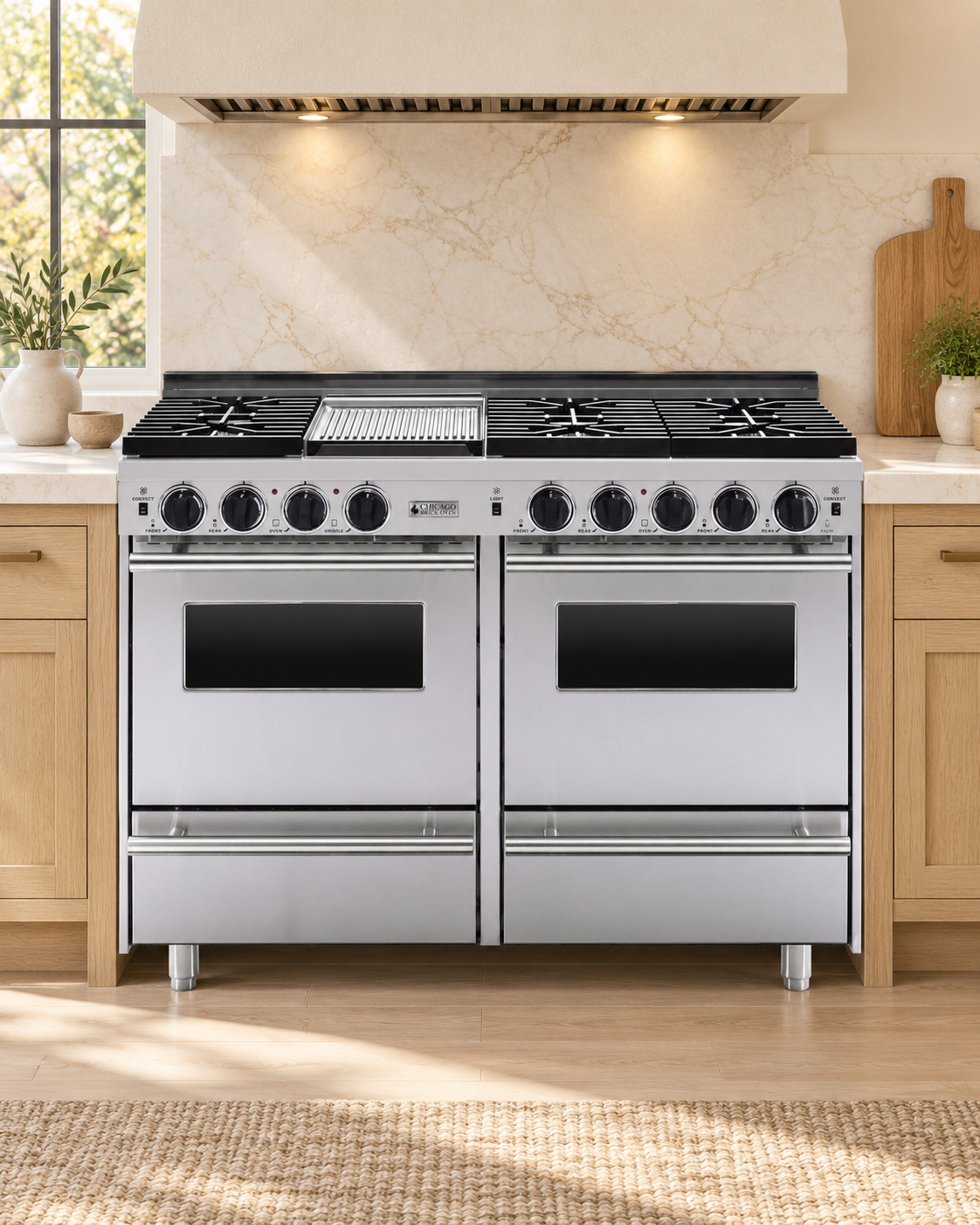 Kitchen concept with a stainless steel 48-inch CBO all-gas range, equal oven doors and six burners with a griddle.