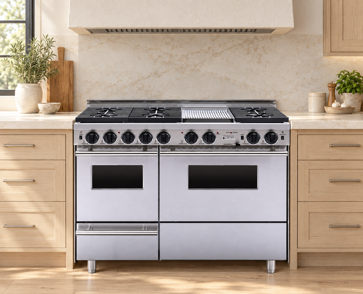 Kitchen concept with a stainless steel 48-inch CBO dual-fuel range, narrow left oven, wide right oven and six burners with a griddle.