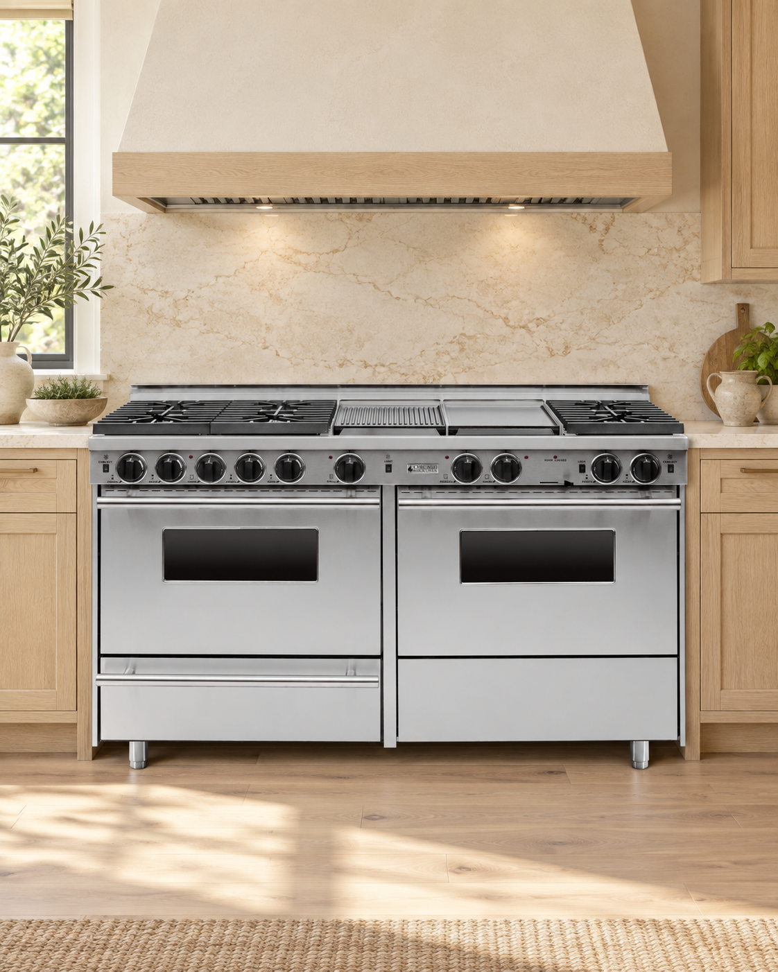 Kitchen concept with a stainless steel 60-inch CBO dual-fuel range, equal ovens, six burners, a ribbed grill and a flat griddle.
