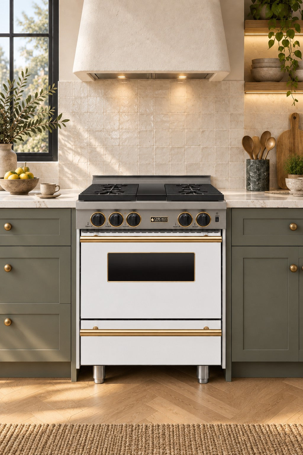 Sage green kitchen concept with the 30-inch sealed-burner all-gas convection range in white with brass trim.