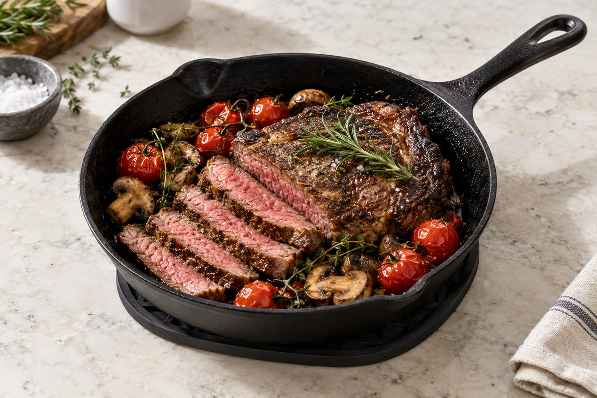 Seared steak with blistered cherry tomatoes, mushrooms, rosemary and thyme in a cast-iron skillet on a trivet on a pale stone countertop.