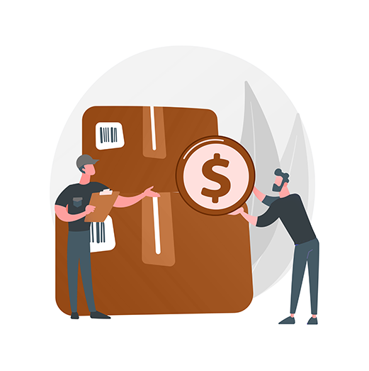 Illustration of two people, one holding a clipboard, standing next to large cardboard boxes. A centered coin with a dollar sign is being pushed by the second person, indicating a delivery or logistics concept related to shipping costs.
