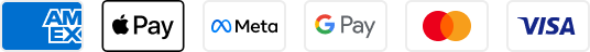 Icons of various payment methods are shown: American Express, Apple Pay, Meta, Google Pay, Mastercard, and Visa.