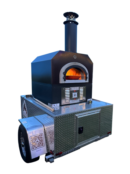 The CBO 750 Tailgater by Chicago Brick Oven is a mobile hybrid pizza oven trailer with diamond plate surfaces. This wood-fired and liquid propane oven, featuring a chimney on top, lights up with a visible flame inside. The trailer includes a storage compartment and QR code, all set against a sleek black background. It boasts a 38" X 28" cooking surface capable of making 2-3 pizzas at once and producing up to 50-60 pizzas an hour.