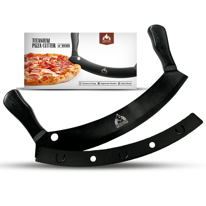 12 - Inch Heavy - Duty Pizza Cutter Rocker Blade – Stainless Steel Mezzaluna Knife with Titanium Coating – Professional Pizza Cutter w/ Protective Cover with Accessories by Chicago Brick Oven
