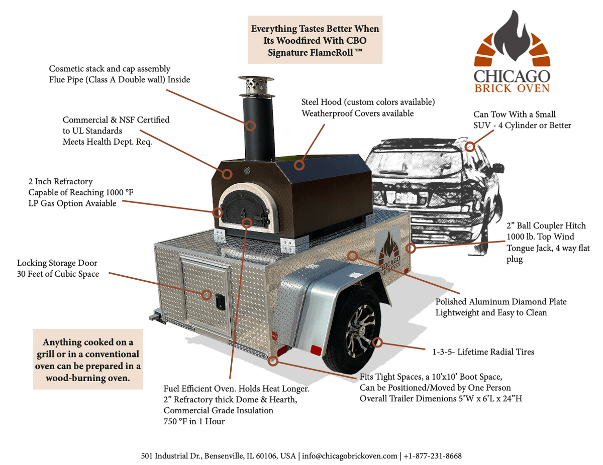 CBO 750 Tailgater | Mobile Wood Fired Pizza Oven Trailer | 38" X 28" cooking surface | 2 - 3 - 10" pizzas at a time | 50 - 60 pizzas an hour Silver Vein with 750 by Chicago Brick Oven