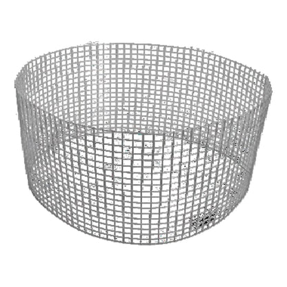 The DuraTech Spark Arrestor, crafted from stainless steel and available in sizes ranging from 5 to 8 inches, is a cylindrical mesh wire cage designed by Chicago Brick Oven. This cage features a grid pattern of thin metal wires forming square-shaped openings throughout its open structure, which lacks both a top and bottom. It is ideal for use with DuraTech pipe caps or attachments in the specified size range.