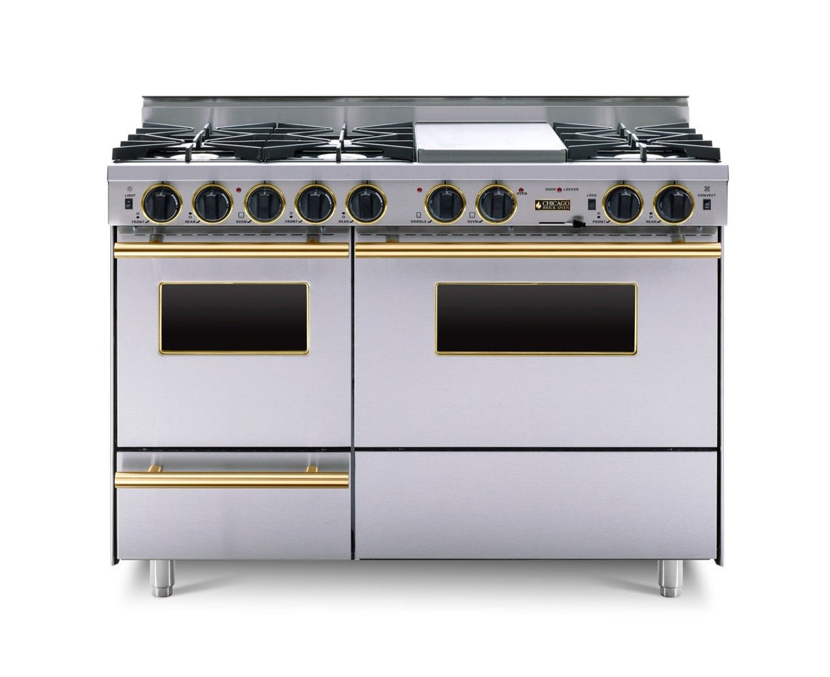 48″ Dual-Fuel Range — stainless steel, brass — Griddle cover shown.