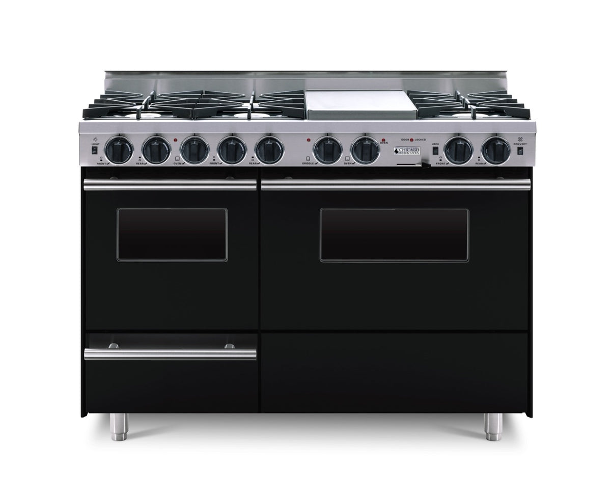 48″ Dual-Fuel Range — black, regular — Griddle cover shown.