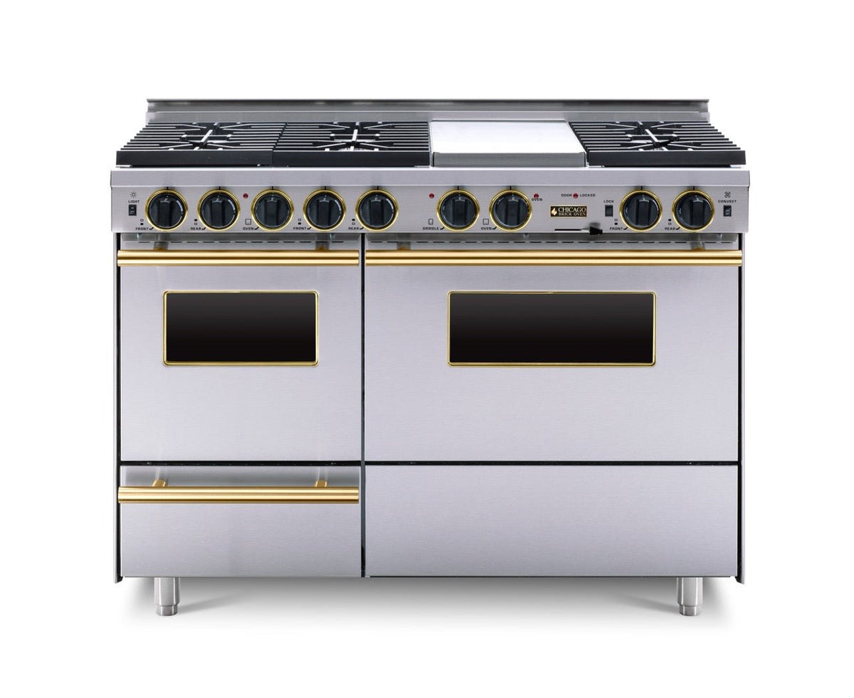 48″ Dual-Fuel Range — stainless steel, brass — Griddle cover shown.