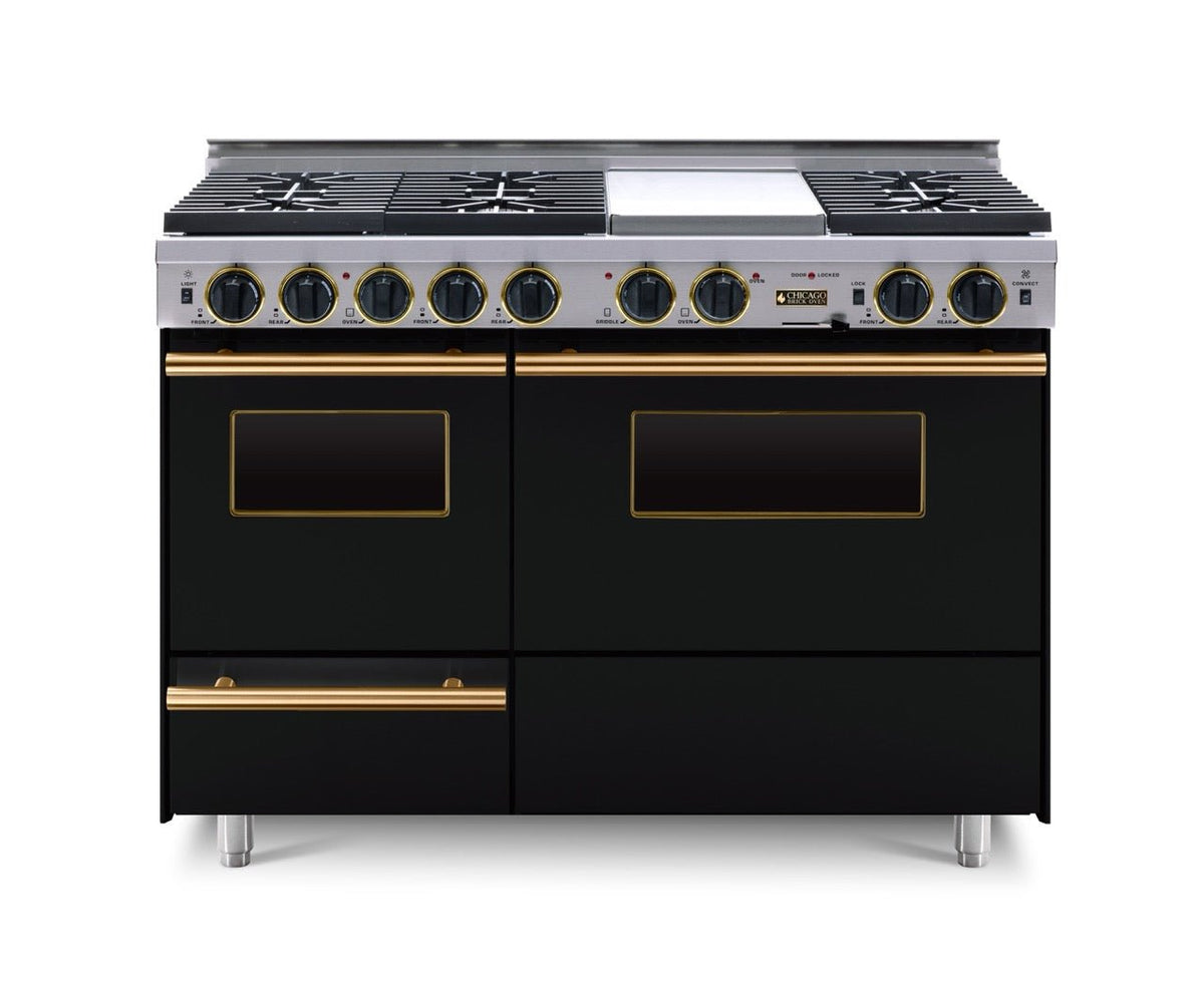 48″ Dual-Fuel Range — black, brass — Griddle cover shown.