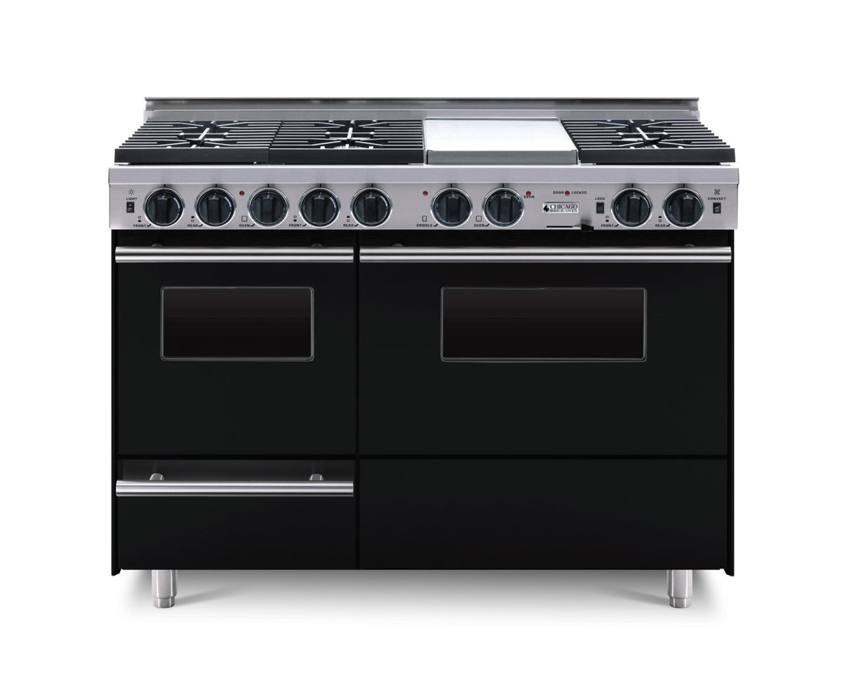 48″ Dual-Fuel Range — black, regular — Griddle cover shown.