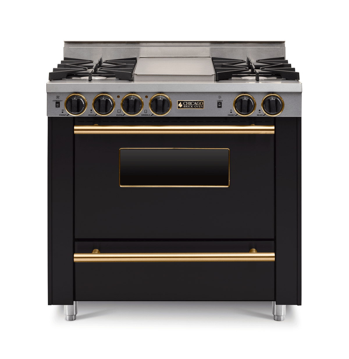 36″ All-Gas Range — black, brass — Griddle cover shown.