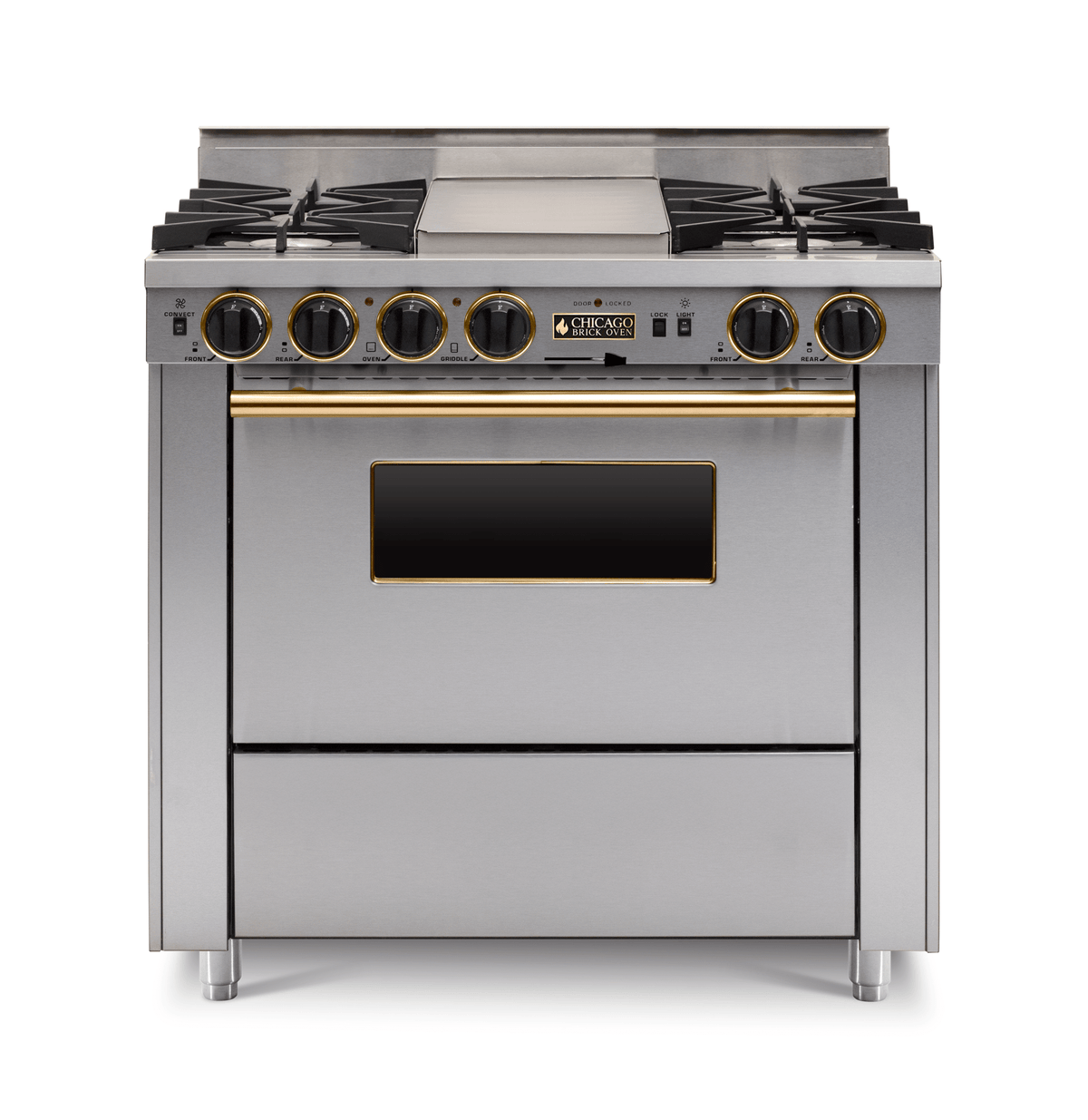 36″ Dual-Fuel Range — stainless steel, brass — Griddle cover shown.