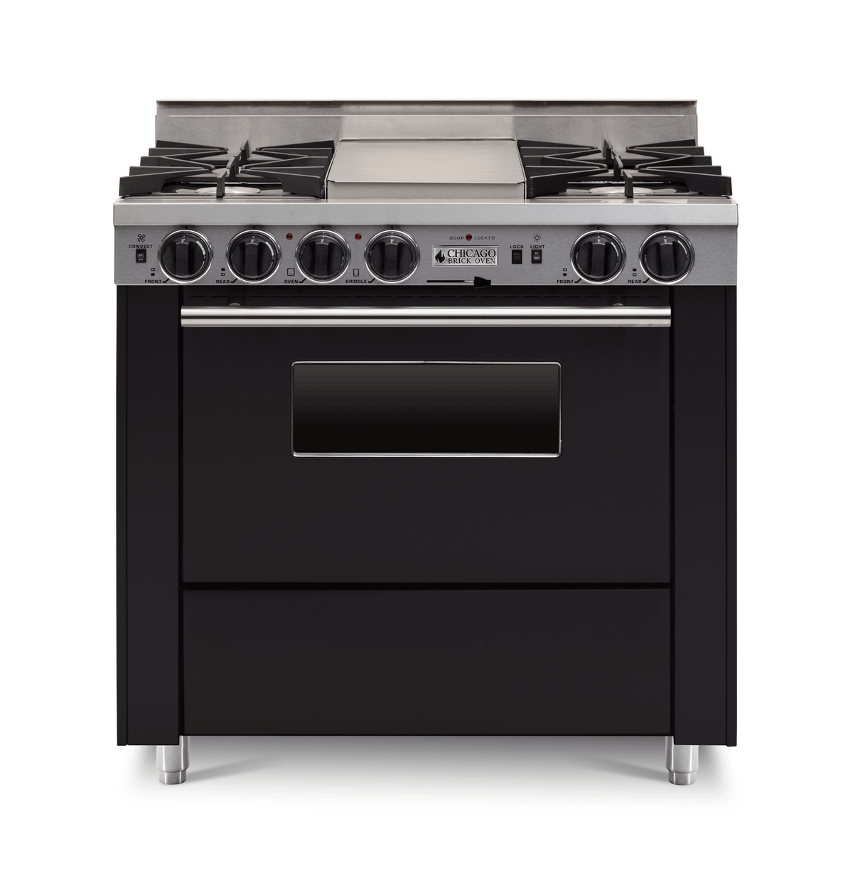 36″ Dual-Fuel Range — black, regular — Griddle cover shown.