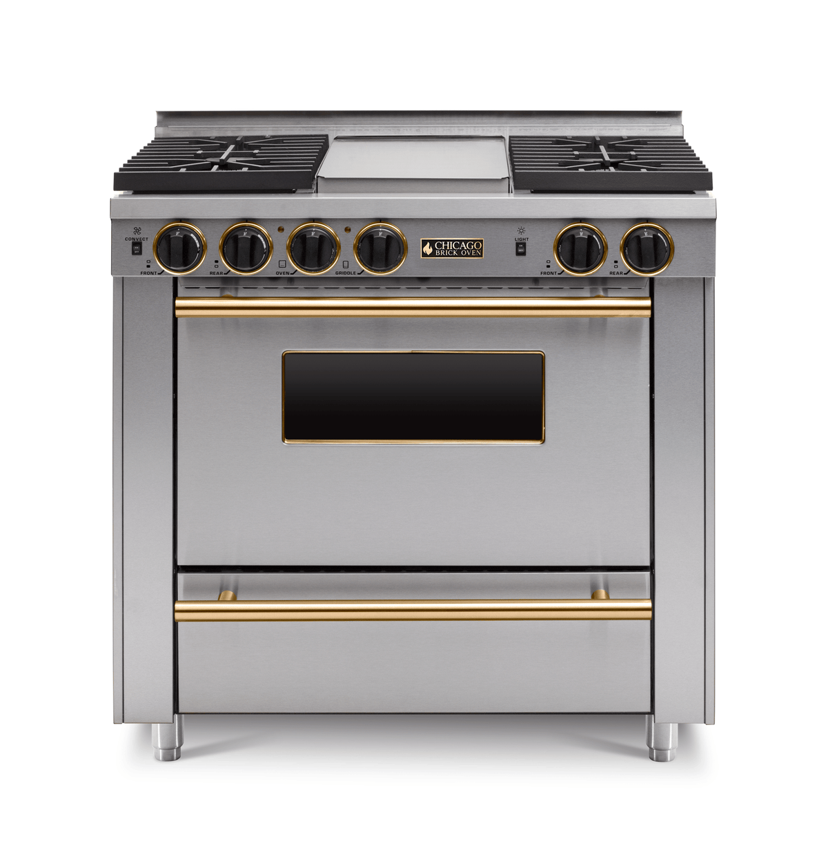 36″ All-Gas Range — stainless steel, brass — Griddle cover shown.