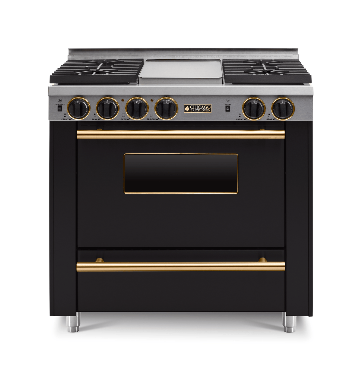 36″ All-Gas Range — black, brass — Griddle cover shown.
