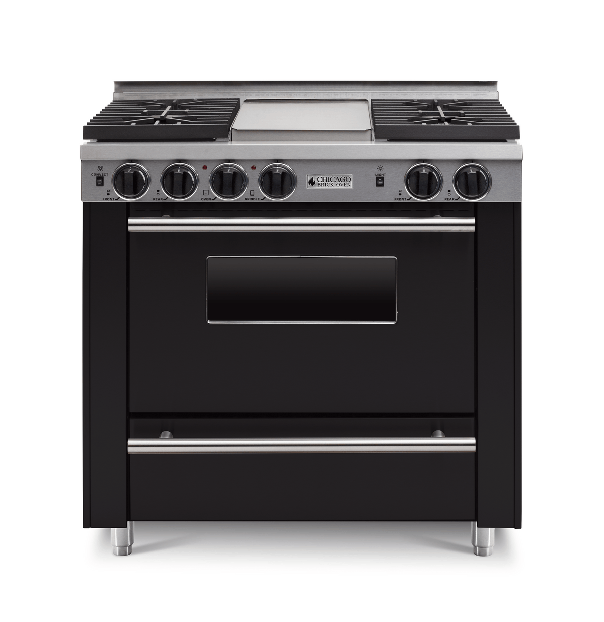 36″ All-Gas Range — black, regular — Griddle cover shown.