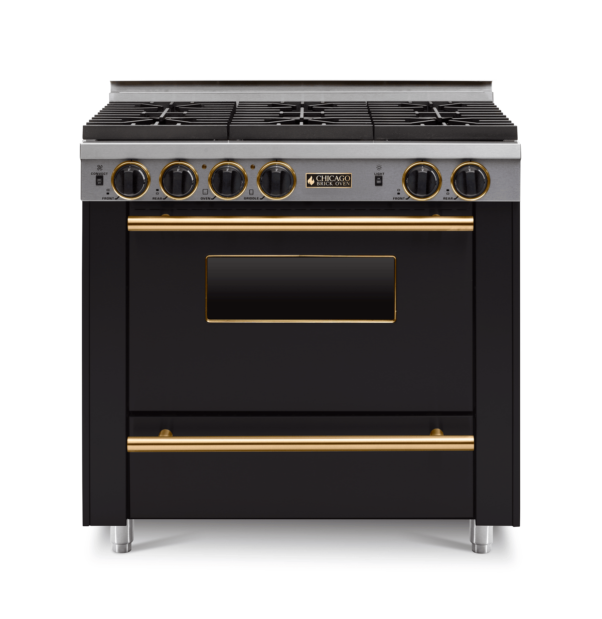 36″ All-Gas Range — Black / Brass / Six