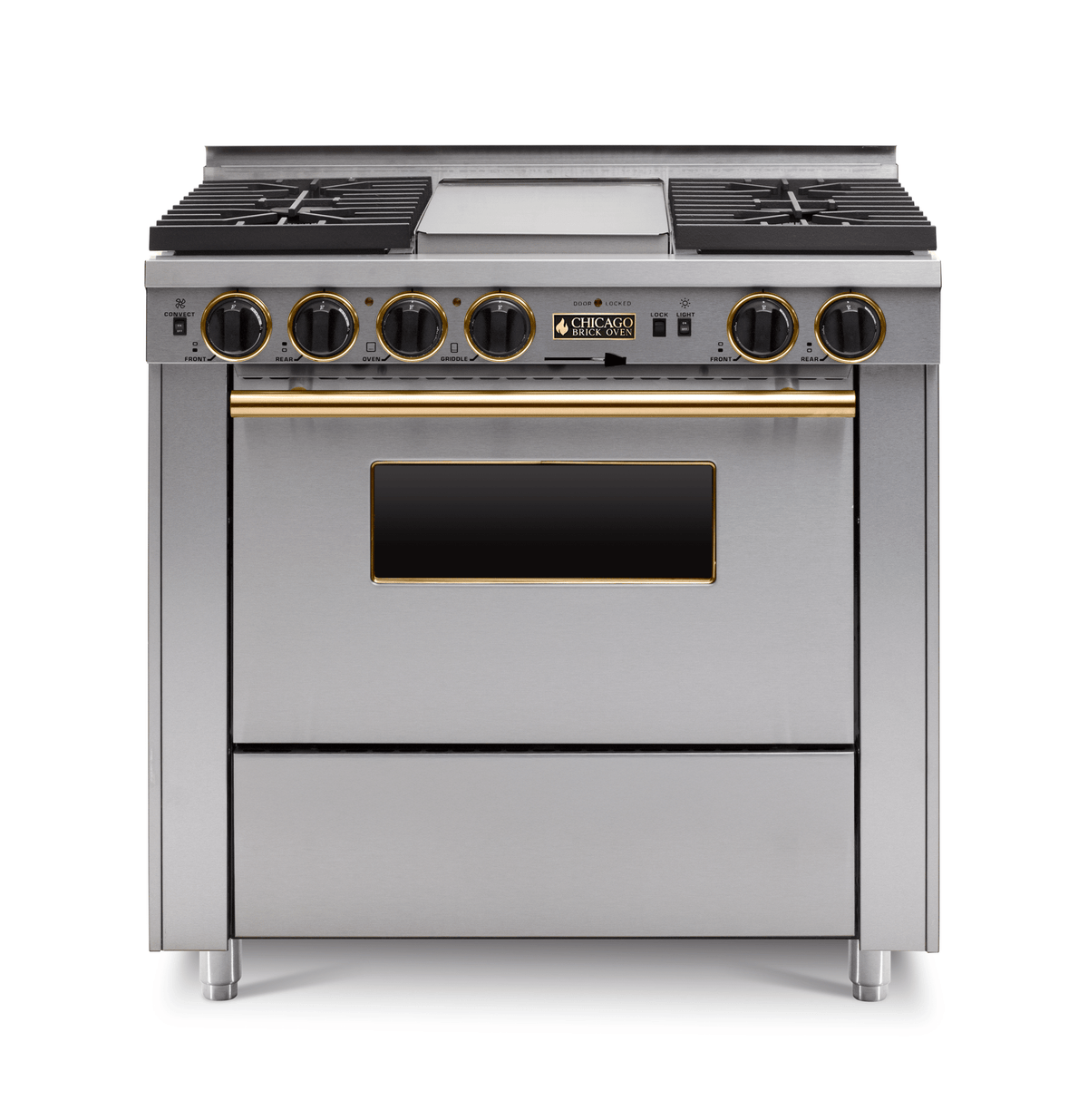 36″ Dual-Fuel Range — stainless steel, brass — Griddle cover shown.