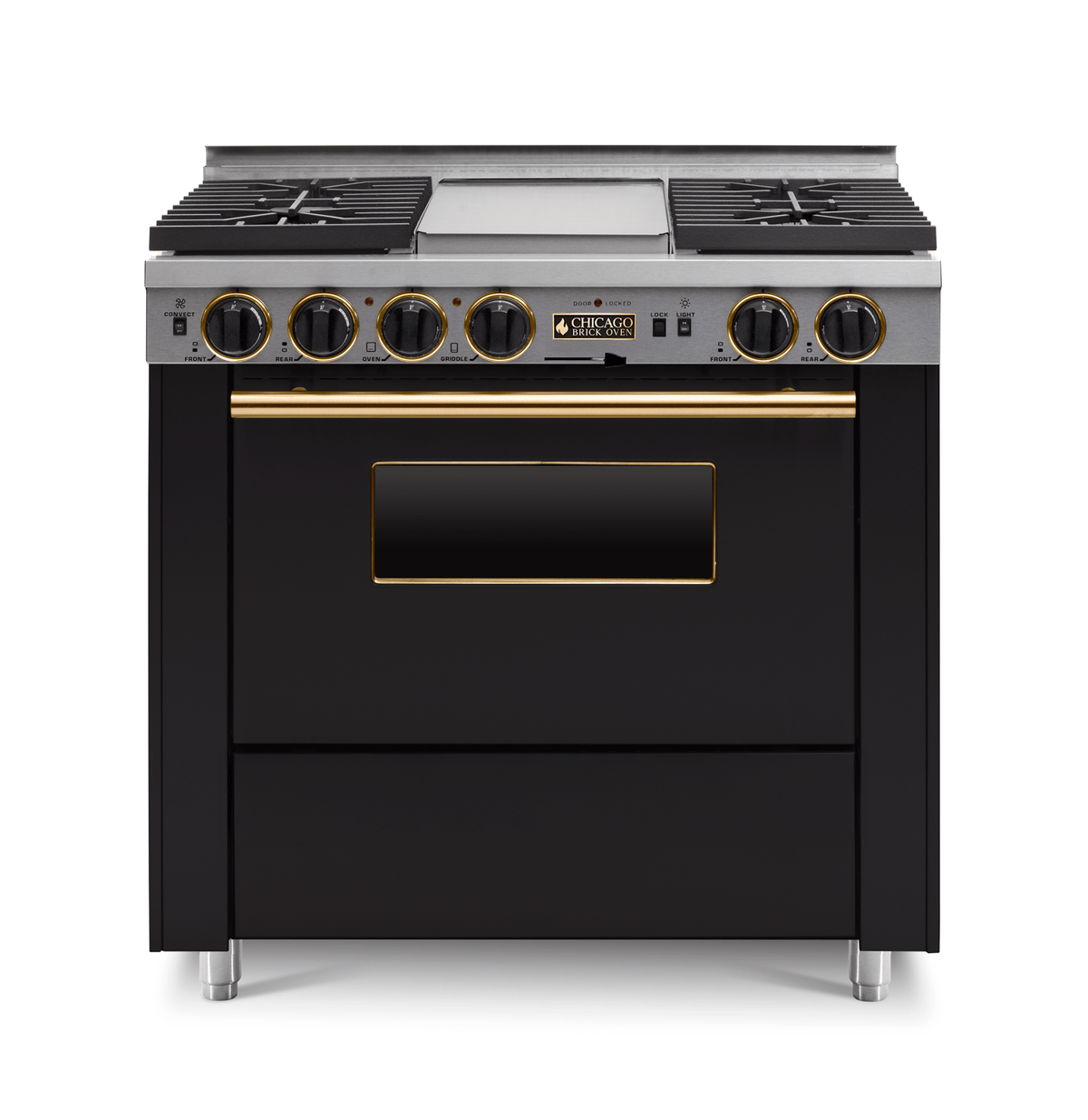 36″ Dual-Fuel Range — black, brass — Griddle cover shown.