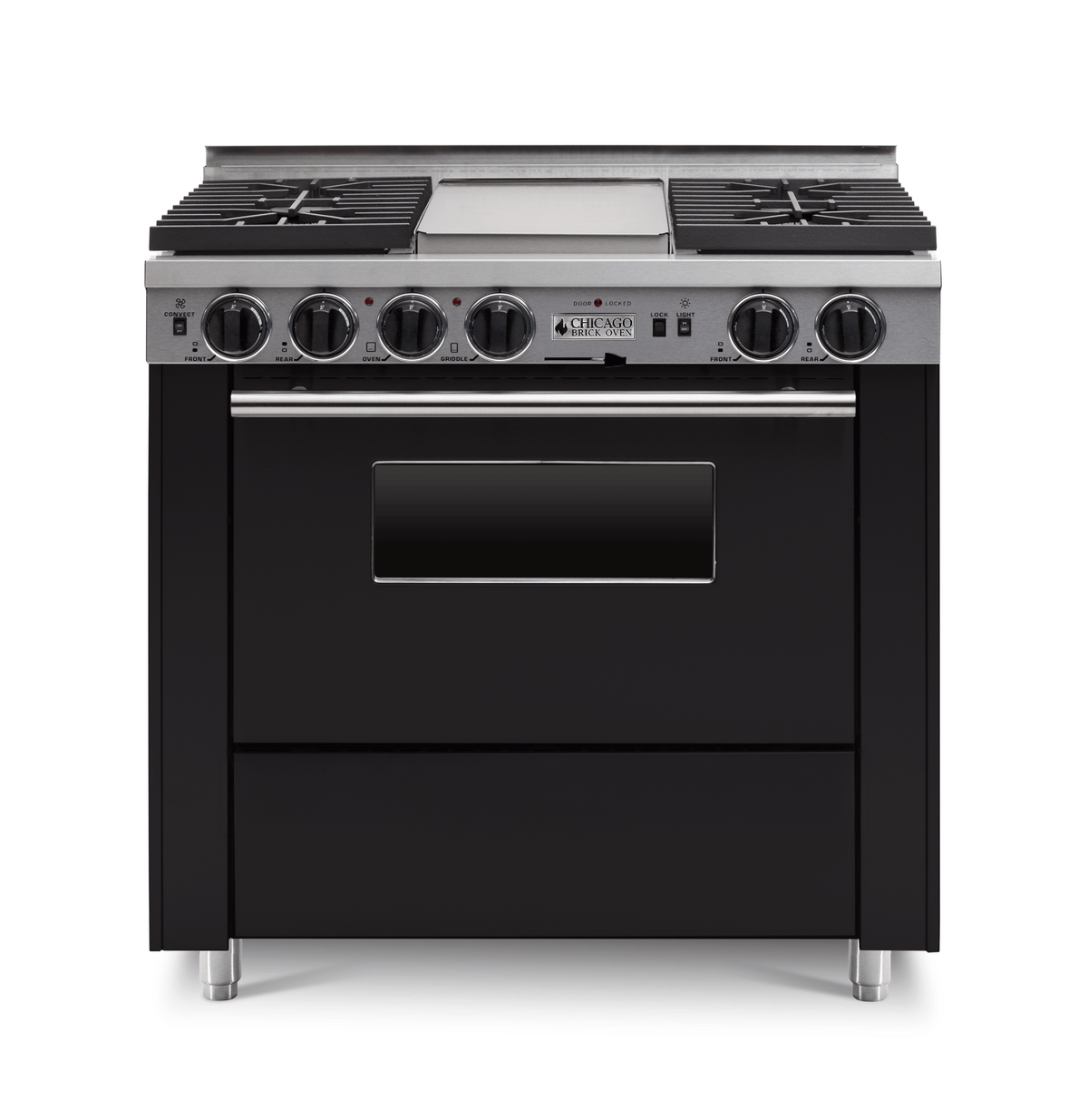 36″ Dual-Fuel Range — black, regular — Griddle cover shown.