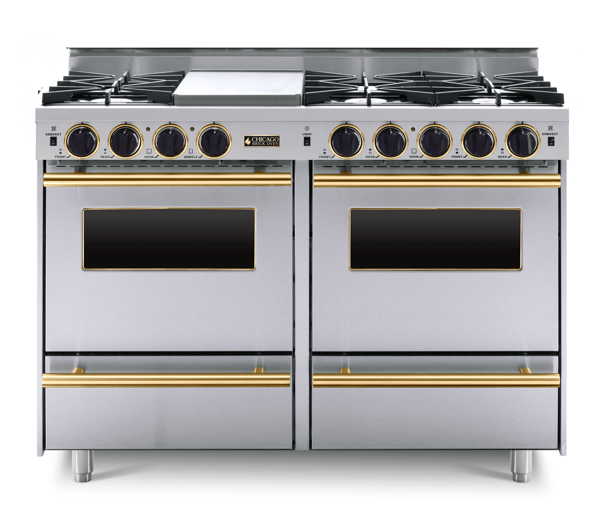 48″ All-Gas Range — stainless steel, brass — Griddle cover shown.