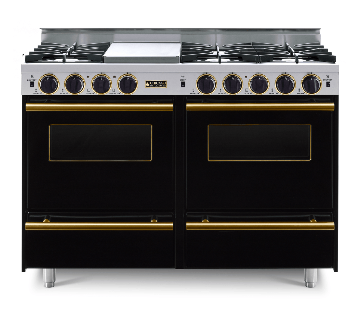 48″ All-Gas Range — black, brass — Griddle cover shown.