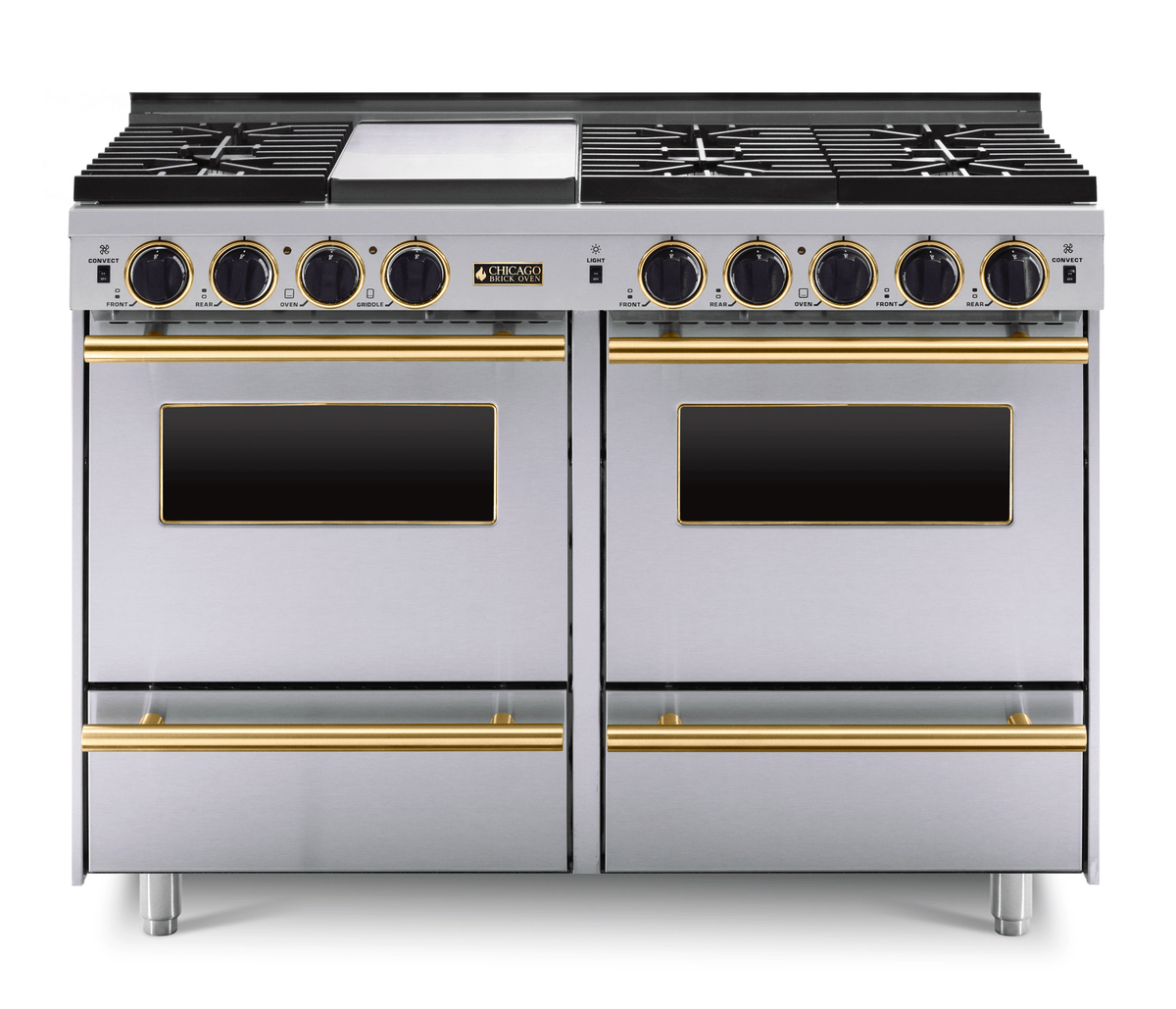 48″ All-Gas Range — stainless steel, brass — Griddle cover shown.