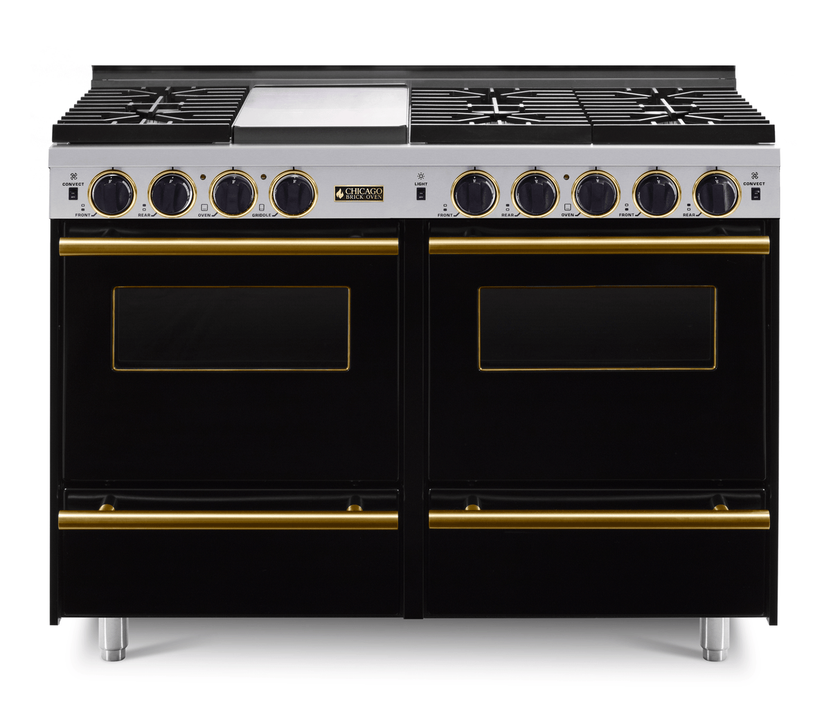 48″ All-Gas Range — black, brass — Griddle cover shown.