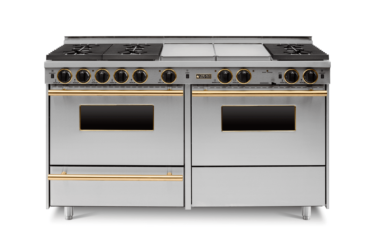 60″ Dual-Fuel Range — stainless steel, brass — Griddle cover shown.