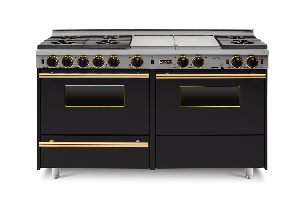 60″ Dual-Fuel Range — black, brass — Griddle cover shown.